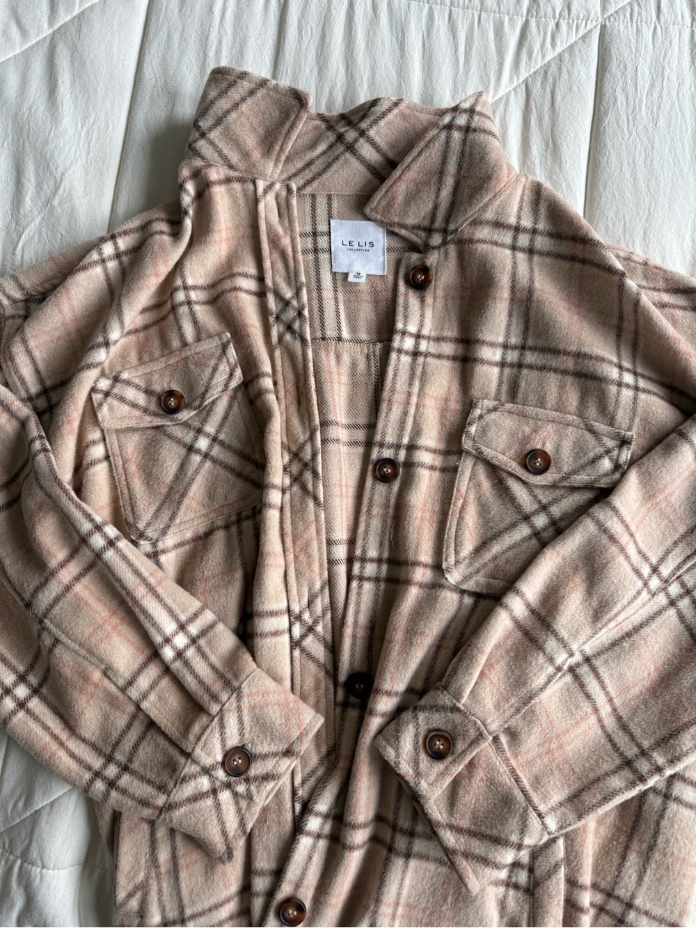 Le Lis Beige Plaid Long Shacket Jacket - Picture 4 of 4
